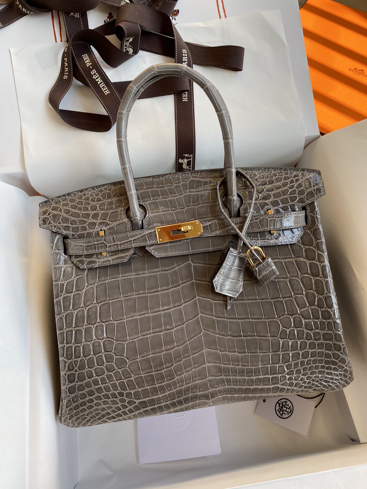 Hermes Birkin 30CM Handmade Bag In Etoupe Crocodile Niloticus Shiny Skin